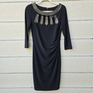 Joseph Ribkoff black 3/4 sleeve dress with studded cutout neckline ruched sz 10